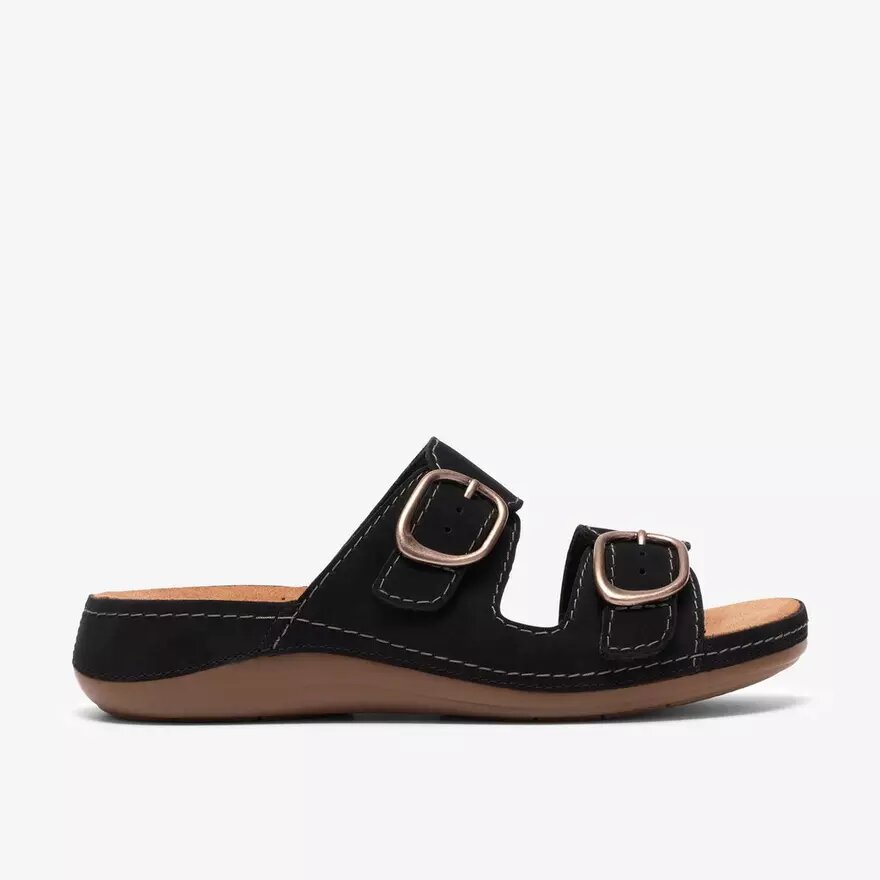 Cecily Step zwarte platte sandalen van nubuck voor dames Cecily Step zwarte platte sandalen van nubuck voor dames