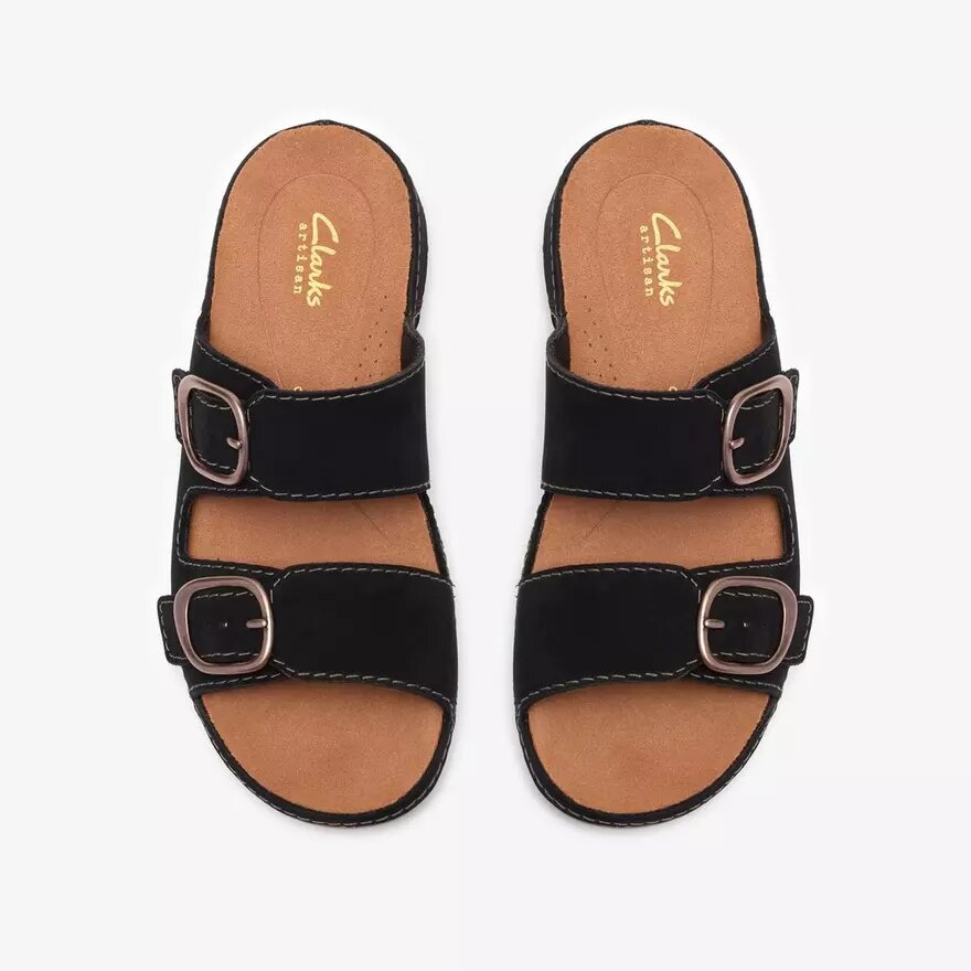 Cecily Step zwarte platte sandalen van nubuck voor dames Cecily Step zwarte platte sandalen van nubuck voor dames
