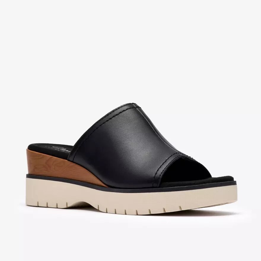 Diaz-slippers voor dames, zwarte leren Wedges, VS Diaz-slippers voor dames, zwarte leren Wedges, VS