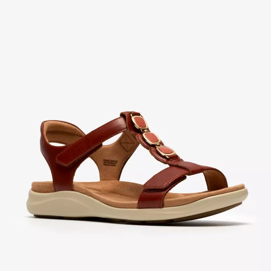 Kitly Gem platte leren sandalen voor dames in gebrand oranje Kitly Gem platte leren sandalen voor dames in gebrand oranje