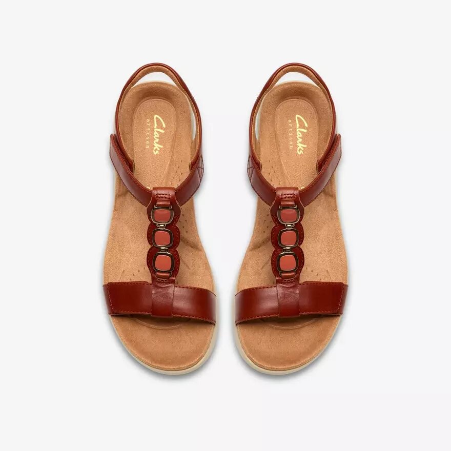 Kitly Gem platte leren sandalen voor dames in gebrand oranje Kitly Gem platte leren sandalen voor dames in gebrand oranje