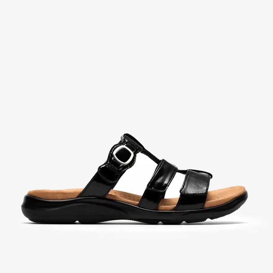 Kitly Pearl zwarte lakplateau-platte sandalen voor dames Kitly Pearl zwarte lakplateau-platte sandalen voor dames
