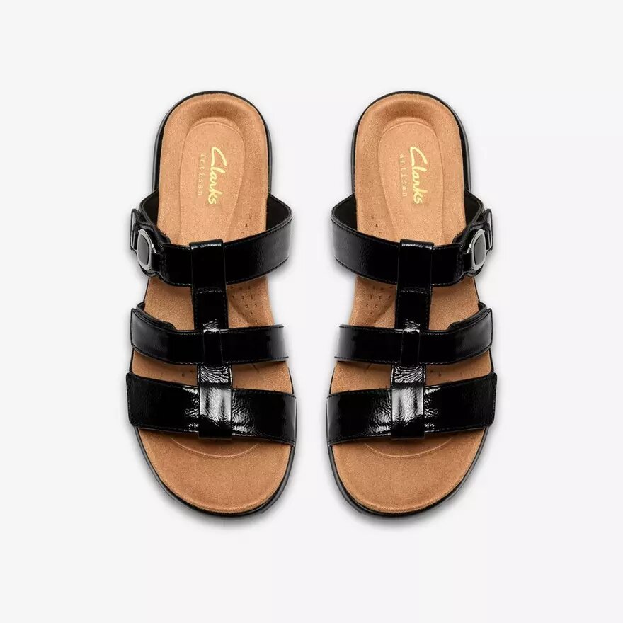 Kitly Pearl zwarte lakplateau-platte sandalen voor dames Kitly Pearl zwarte lakplateau-platte sandalen voor dames
