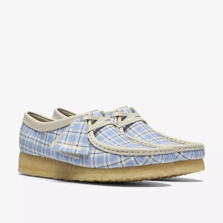 Wallabee voor dames met blauw geruit gingham-patroon Wallabee voor dames met blauw geruit gingham-patroon