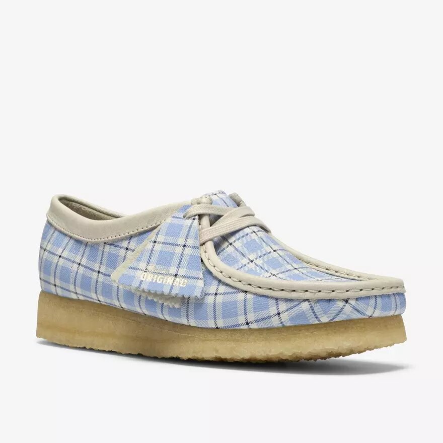 Wallabee voor dames met blauw geruit gingham-patroon Wallabee voor dames met blauw geruit gingham-patroon