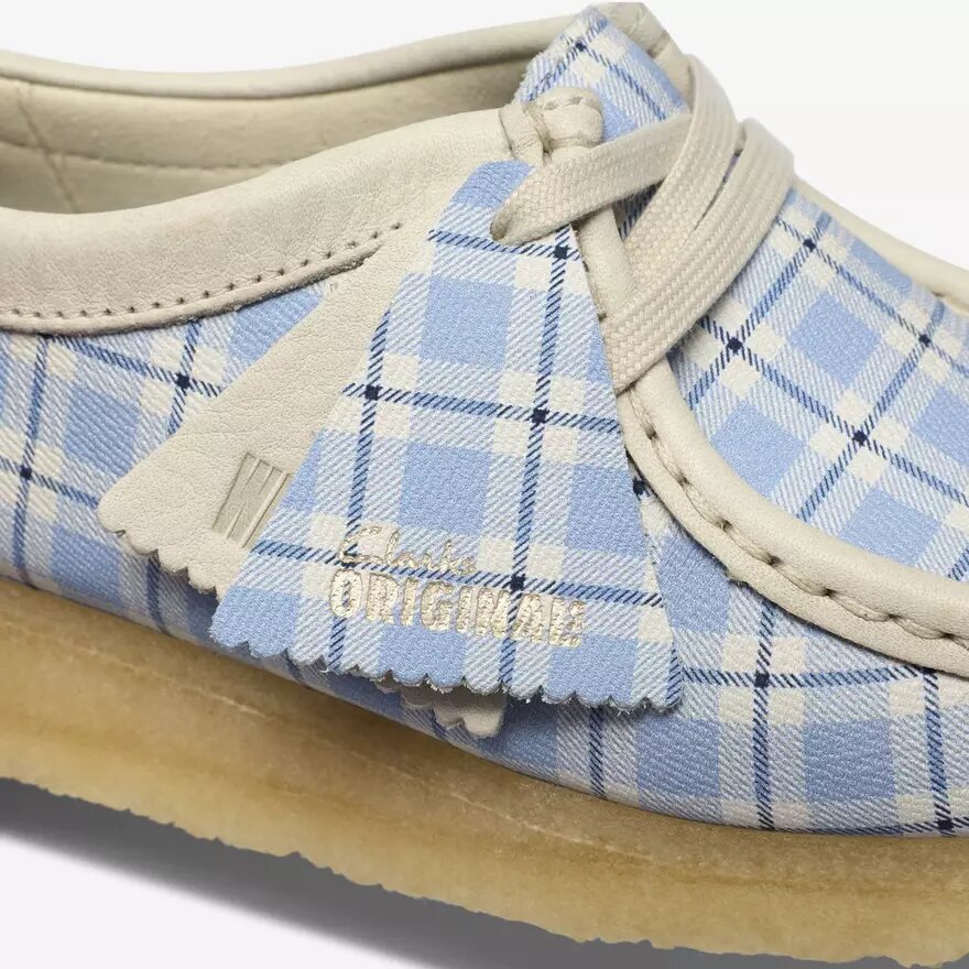 Wallabee voor dames met blauw geruit gingham-patroon Wallabee voor dames met blauw geruit gingham-patroon
